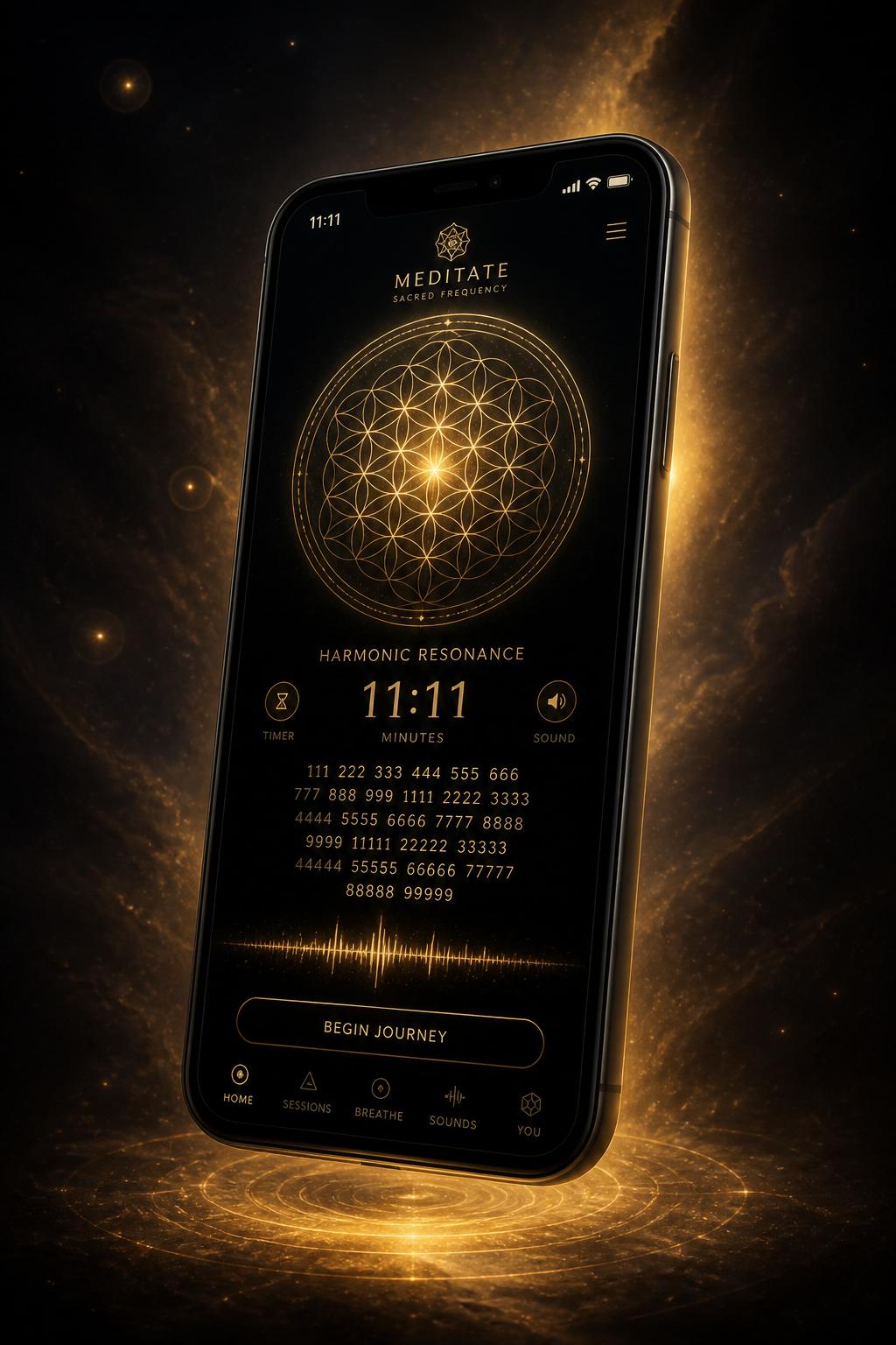 Tela do app Grabovoi PRO com geometria sagrada
